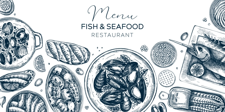 Seafood restaurant banner design. Hand-drawn mussels, oysters, caviar, grilled fish, canned fish canape isolated on white background. Restaurant menu, finger food party banner design in sketch style